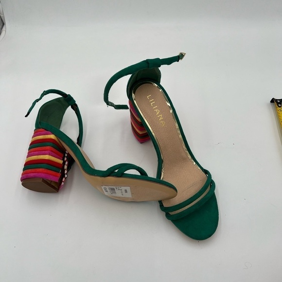 Liliana Women Faux Suede Double Strap Open Toe Striped Chunky Heel Sandal Sz 10 - Picture 3 of 10